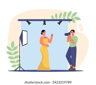 Photo session at studio concept. Man photographer taking shoot of woman. Young guy with camera photographing fashionable girl. Aesthetics and elegance. Cartoon flat vector illustration