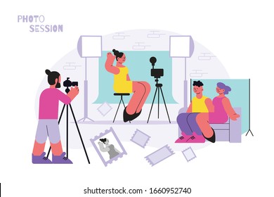 Photo Session Studio Flat Composition With Lighting Rig And Screens With Doodle Human Characters And Text Vector Illustration