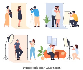 Photo session in a photo studio. Professional photographers photograph models and ordinary people. Vector illustration