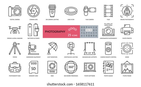 Photo set of 25 icons with editable stroke. Vector illustration of shooting and processing photos. Cameras, lenses, flashes, lighting, drone, aerial photography, album, remote control, bag, tripod.