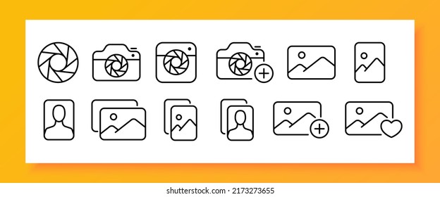 Photo set icon. Camera, Photobook, Photographer, objectiv, Gallery, Image, Lens, document, Effects, Favorites, Likes. Media concept. Vector line icon for Business and Advertising