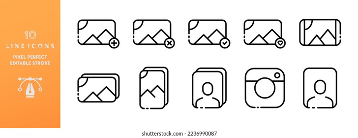 Foto-Set-Symbol. Bearbeitbarer Strich. Drucker, Porträt, Filter, Korrektur, Rahmen, Zuschneiden, Effekte, Drucker, Kunst, Pinsel, Galerie etc. Fotografie Konzept. Vektorliniensymbol auf weißem Hintergrund