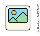 Photo set icon. Landscape image, sun, mountains, picture, photography, frame, travel memory, snapshot, artwork, decoration.