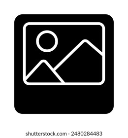 Photo set icon. Landscape image, sun, mountains, picture, photography, frame, travel memory, snapshot, artwork, decoration.