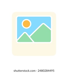 Photo set icon. Landscape image, sun, mountains, picture, photography, frame, travel memory, snapshot, artwork, decoration.