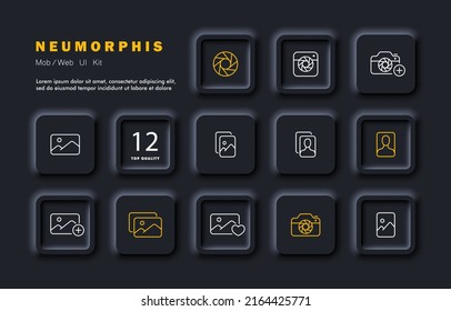 Icono de conjunto de fotos. Impresora, retrato, filtros, corrección, marcos, recorte, efectos, arte, pincel, galería, etc. Concepto fotográfico. Estilo neomorfista. Icono de línea de vector para negocios y publicidad