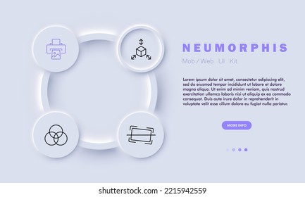 Photo set icon. Printer, portrait, filters, correction, frames, cropping, effects, printer, art, brush, gallery etc. Photography concept. Neomorphism style. Vector line icon for Business