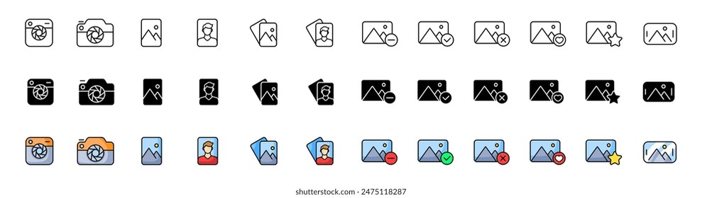 Photo set icons. Camera Icons. Linear, silhouette and flat styles. Vector icons.