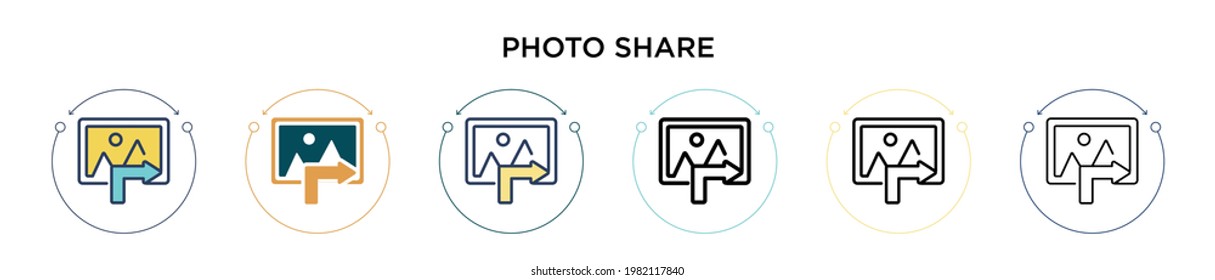 Photo share icon in filled, thin line, outline and stroke style. Vector illustration of two colored and black photo share vector icons designs can be used for mobile, ui, web