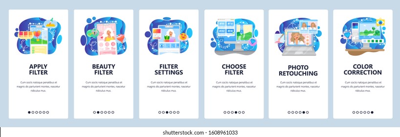 Photo sharing app, filter settings, photo retouch, beauty blog. Mobile app onboarding screens. Menu vector banner template for website and mobile development. Web site design flat illustration.