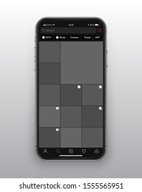 Photo Sharing Mobile App Instagram New Dark Mode UI And UX Alternative Trendy Concept Vector Mockup Frameless Smartphone Screen Iphone 11 Isolated On Light Background. Social Network Design Template