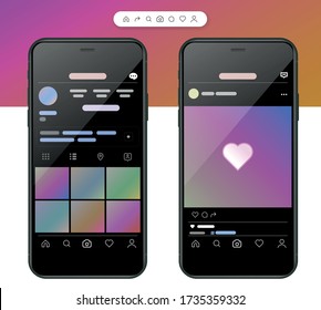 Photo Sharing Mobile App in New Dark Mode Page UI and UX Alternative Trendy Concept Vector Mockup on Frameless Smart Phone Screen Isolated on Light Background. Social Network Design Template