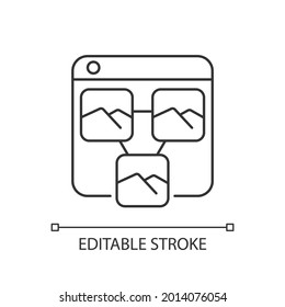 Photo sharing platforms linear icon. Media storage site. Archiving photos in cloud. Upload images. Thin line customizable illustration. Contour symbol. Vector isolated outline drawing. Editable stroke