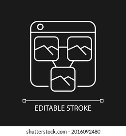 Photo sharing platforms white linear icon for dark theme. Media storage. Archiving photos in cloud. Thin line customizable illustration. Isolated vector contour symbol for night mode. Editable stroke