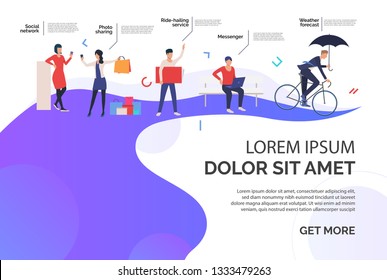 Photo sharing and social network online services advertisement. Application, website concept, presentation slide template with sample text. Can be used for topics like business, Internet, technology