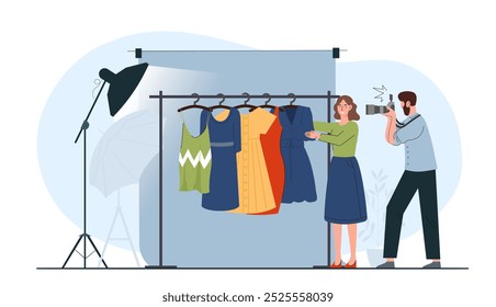 Photo shoot of clothes. Woman and man with camera photographing wardrobe. Fashion, trend and style. Advertising and marketing. Flat vector illustration isolated on white background