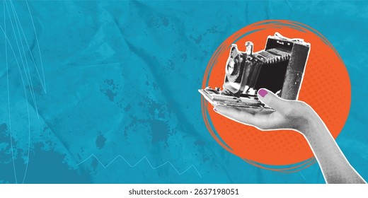 Photo shoot concept, female hand holding vintage photo camera, on isolated blue background, retro grunge, dotted halftone vector cutout collage.  A place for advertising.