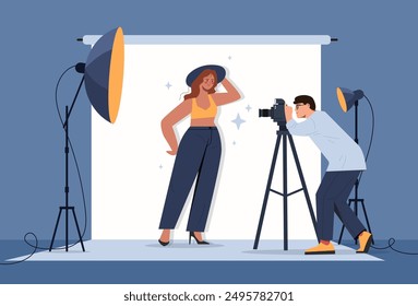 Photo shoot concept. Man with camera takes photograph of young girl. Paparazzi with model. Girl posing for fashion magazine. Flat vector illustration isolated on blue background