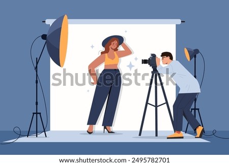Photo shoot concept. Man with camera takes photograph of young girl. Paparazzi with model. Girl posing for fashion magazine. Flat vector illustration isolated on blue background