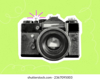 photo shoot concept with vintage photo camera isolated on lime green background retro grunge dotted halftone vector cutout collage design