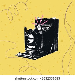 Photo shoot concept with vintage photo camera isolated on yellow background, retro grunge, dotted halftone vector cut out collage