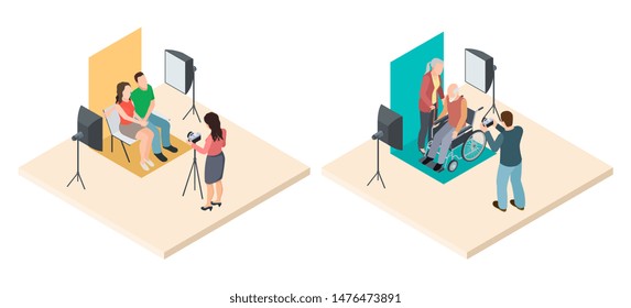 Photo shoot, isometric. Young and elderly couples and professional photographers. Vector professional photo session illustration. Professional photography take photo in studio