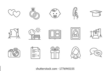 Photo shoots flat line icons set.    Can be used for the design of the profile of the photographer and photo studio. Various types outdoor, holiday, love story, baby, maternity.