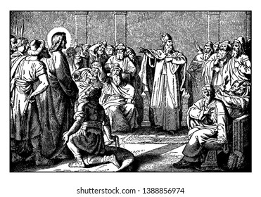 A photo shows of Jesus trial remaining in before the High Priest and Caiaphas in the temple. Caiaphas rents his robe and centres at Jesus in allegation. The fighter gazes toward Jesus with arms open,