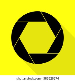 Photo sign illustration. Black icon with flat style shadow path on yellow background.