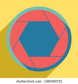 Photo sign illustration. Sunset orange icon with llapis lazuli shadow inside medium aquamarine circle with different goldenrod shadow at royal yellow background.