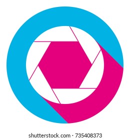 Photo sign illustration. Vector. Flat white icon with mexican pink shadow inside sky blue(S and G) circle at white background. Isolated. Trend colors in 2017.