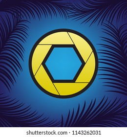 Photo sign illustration. Vector. Golden icon with black contour at blue background with branches of palm trees.
