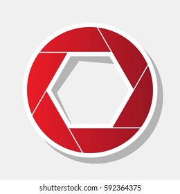 Photo sign illustration. Vector. New year reddish icon with outside stroke and gray shadow on light gray background.