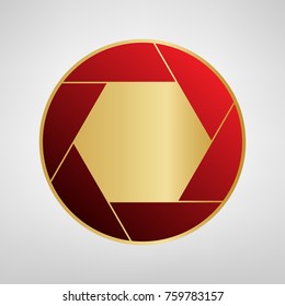 Photo sign illustration. Vector. Red icon on gold sticker at light gray background.