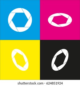 Photo sign illustration. Vector. White icon with isometric projections on cyan, magenta, yellow and black backgrounds.