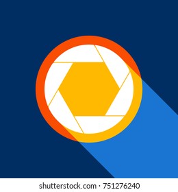 Photo sign illustration. Vector. White icon on tangelo circle with infinite shadow of light at cool black background. Selective yellow and bright navy blue are produced.