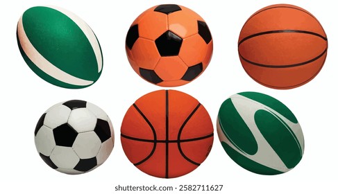 A photo of a soccer ball, a basketball, and a rugby ball. The soccer ball is orange, the basketball is orange with white lines, and the rugby ball is green with a white stripe. 