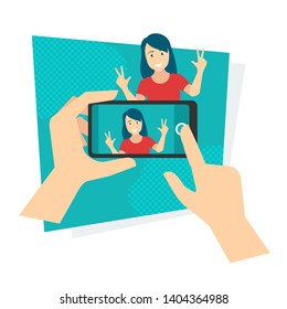 Photo social media concept - human making photo of cute young woman with  smartphone camera - vector isolated creative illustration