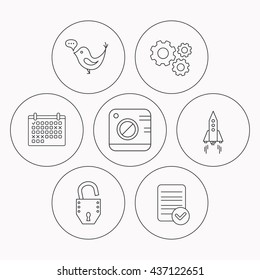 Photo, social media and rocket icons. Open lock linear sign. Check file, calendar and cogwheel icons. Vector