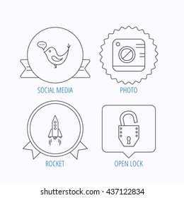 Photo, social media and rocket icons. Open lock linear sign. Award medal, star label and speech bubble designs. Vector