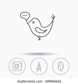 Photo, social media and rocket icons. Open lock linear sign. Linear icons in circle buttons. Flat web symbols. Vector
