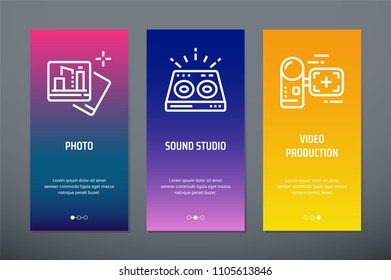 Photo, Sound Studio, Video Production Vertical Cards with strong metaphors. Template for website design.