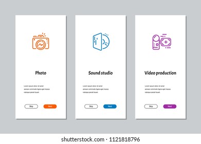 Photo, Sound studio, Video production onboarding screens with strong metaphors
