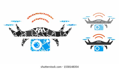 Photo spy drone composition of rough items in various sizes and color tinges, based on photo spy drone icon. Vector tremulant items are composed into collage.