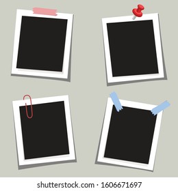 Photo square frames with pin and clip on grey background