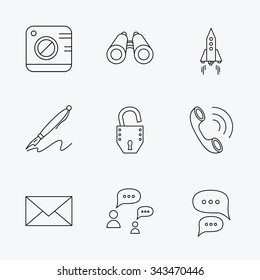 Photo, startup rocket and search icons. Pen, lock and mail linear signs. Dialog chat bubbles, phone call flat line icons. Linear black icons on white background.