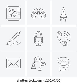 Photo, startup rocket and search icons. Pen, lock and mail linear signs. Dialog chat bubbles, phone call flat line icons. Linear icons on white background. Vector