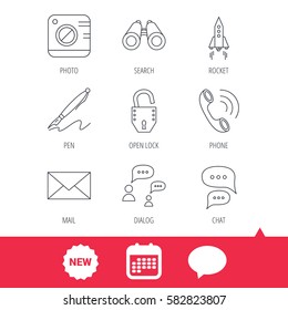 Photo, startup rocket and search icons. Pen, lock and mail linear signs. Dialog chat bubbles, phone call flat line icons. New tag, speech bubble and calendar web icons. Vector
