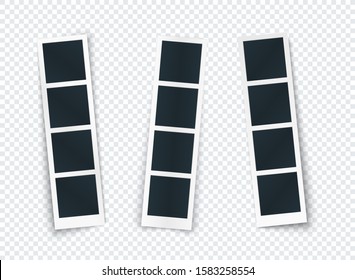 Photo strip set with different shadow isolated, photo frame template for image and picture, vertical mockup for social network, document, memory. Vector illustration.