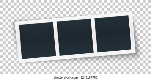 Photo Strip Template In Row Rotated, Isolated On Transparent Background. 3 Square Instant Photo Frame For Social Net, Documents, Fun. Vector Editable Illustration.